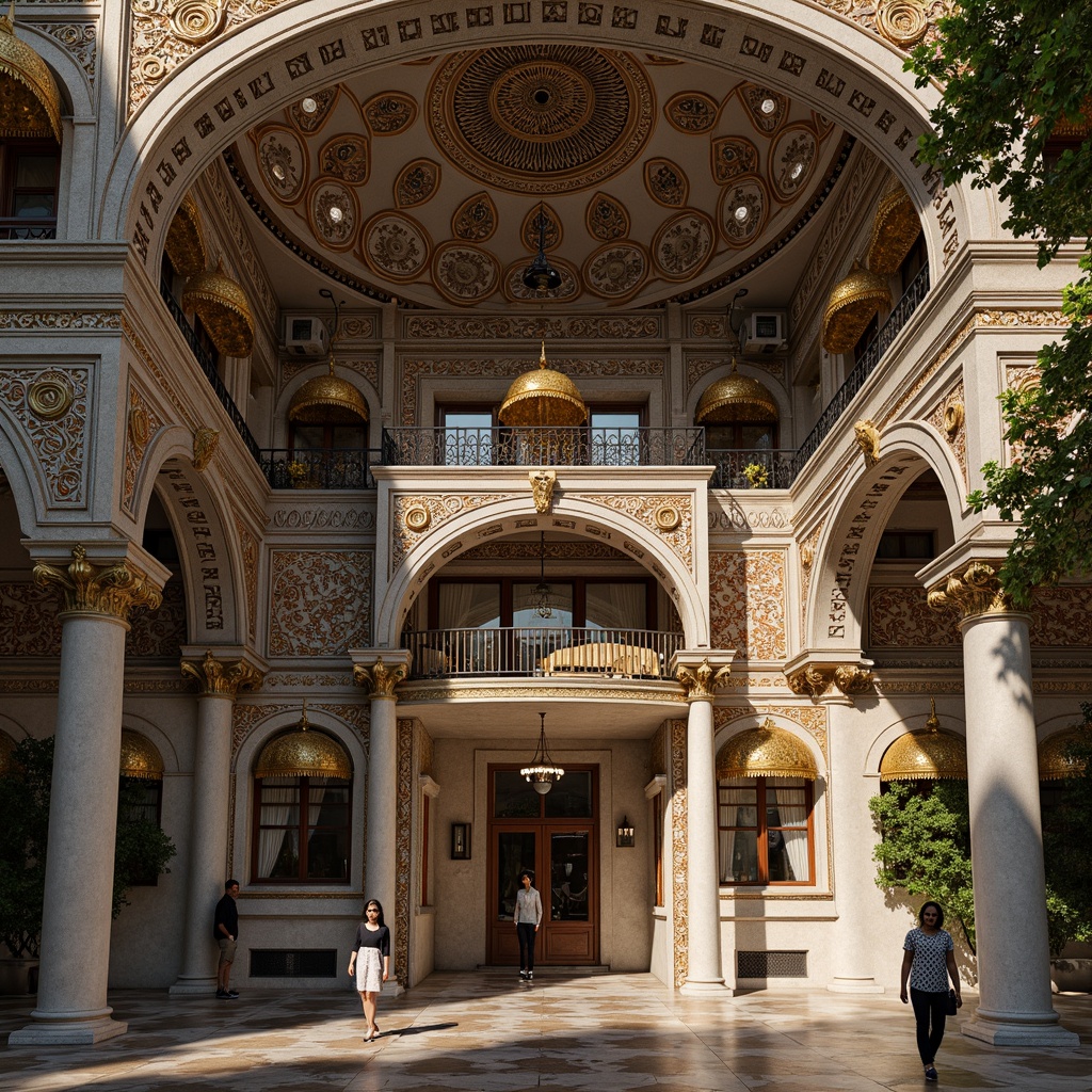 Prompt: Ornate Byzantine-style building, intricately carved stone facades, golden domes, ornamental arches, marble columns, vibrant mosaics, richly patterned textiles, polished bronze door handles, grandiose entranceways, high-contrast lighting, dramatic shadows, 1/2 composition, wide-angle lens, realistic reflections, ambient occlusion.