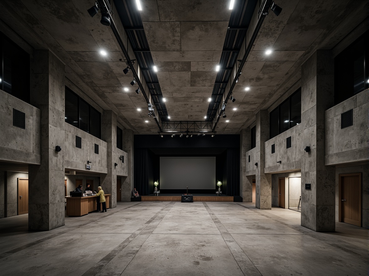 Prompt: Industrial concrete concert hall, brutalist architecture, rugged textures, exposed aggregate, poured-in-place walls, raw unfinished ceilings, polished concrete floors, metallic accents, minimalist lighting, urban cityscape, nighttime atmosphere, dramatic shadows, high-contrast lighting, 1/2 composition, low-angle shot, realistic rendering, ambient occlusion.