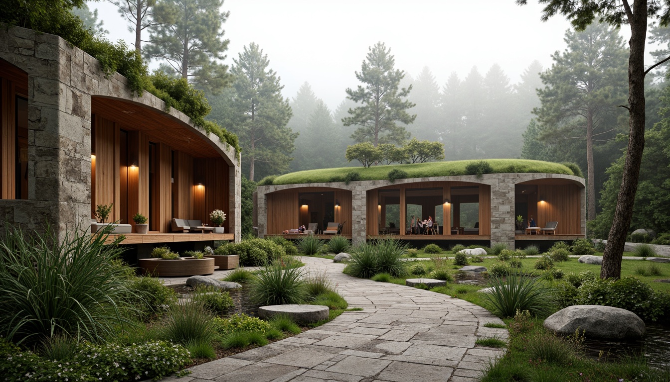 Prompt: Ethereal concert house, undulating organic curves, lush green roofs, native plant species, natural stone walls, reclaimed wood accents, earthy color palette, meandering pathways, soft warm lighting, misty atmosphere, 1/1 composition, shallow depth of field, panoramic view, realistic textures, ambient occlusion, surrounding forest, towering trees, serene ambiance, acoustic performance space, outdoor seating areas, rustic wooden benches, subtle water features.