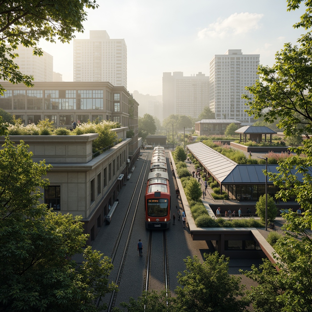 Prompt: Vibrant tram station, lush green roofs, solar panels, wind turbines, rainwater harvesting systems, natural ventilation, energy-efficient lighting, recycled materials, minimalist design, angular lines, modern architecture, transparent glass facades, cantilevered structures, elevated platforms, scenic views, misty morning atmosphere, soft warm lighting, shallow depth of field, 3/4 composition, panoramic view, realistic textures, ambient occlusion.