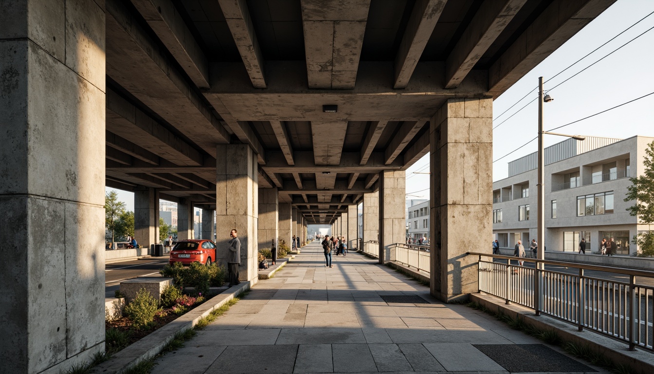 Prompt: Rugged pedestrian bridge, brutalist architecture, raw concrete textures, exposed ductwork, industrial steel beams, minimalist railings, urban cityscape, busy streets, morning commute, soft warm lighting, shallow depth of field, 3/4 composition, panoramic view, realistic shadows, ambient occlusion, bold structural forms, geometric shapes, monochromatic color scheme, functional design, sturdy pillars, cantilevered walkways.