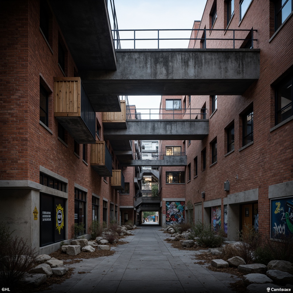 Prompt: Exposed brick walls, distressed finishes, industrial metal beams, reclaimed wood accents, abstract geometric patterns, brutalist architecture, deconstructed forms, fragmented structures, raw concrete textures, edgy urban atmosphere, moody lighting, dramatic shadows, atmospheric fog, 1-point perspective, high-contrast color palette, bold typography, graffiti-inspired murals, urban decay, abandoned industrial site, post-apocalyptic ambiance, cinematic composition, gritty realistic render.