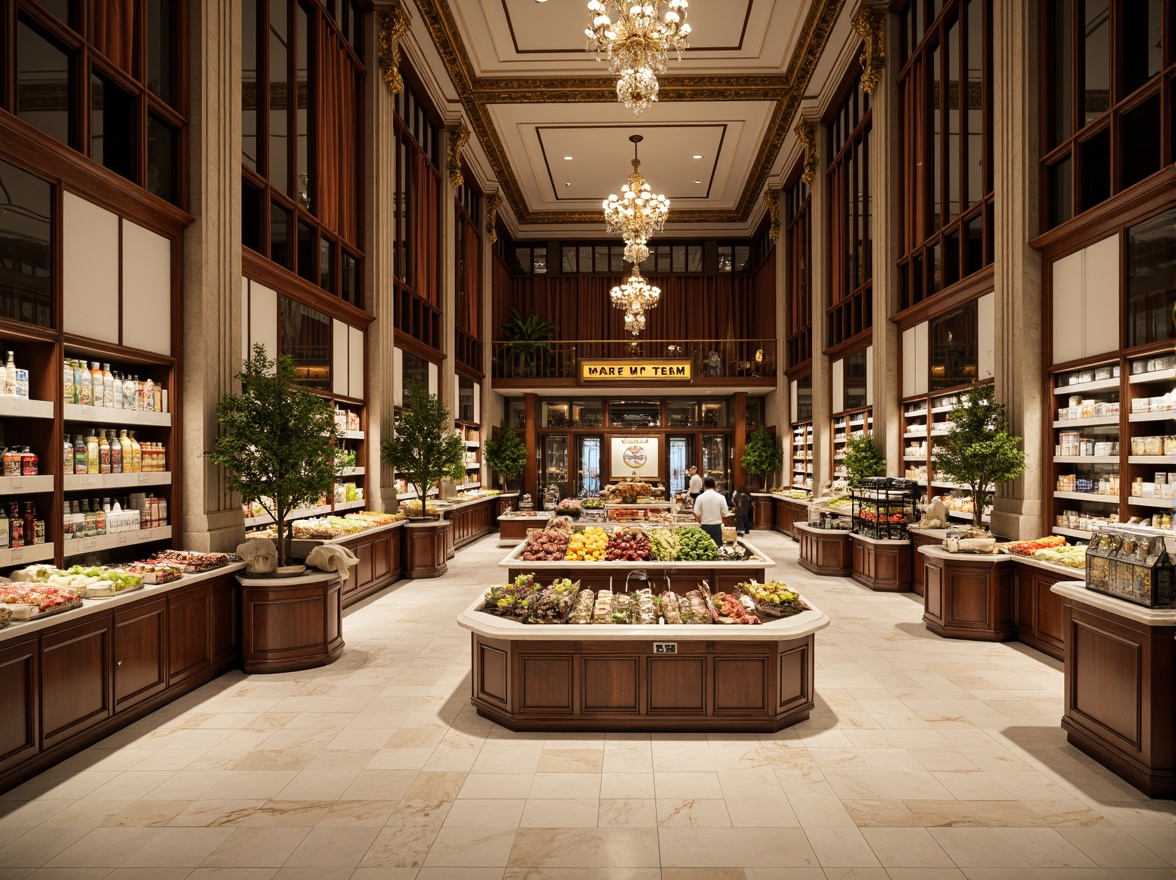 Prompt: Elegant grocery store interior, ornate columns, high ceilings, polished marble floors, grand chandeliers, intricately carved wooden shelves, luxurious velvet drapes, subtle gold accents, creamy white stone countertops, ornamental metalwork, vintage-inspired signage, soft warm lighting, 1/1 composition, shallow depth of field, realistic textures, ambient occlusion.