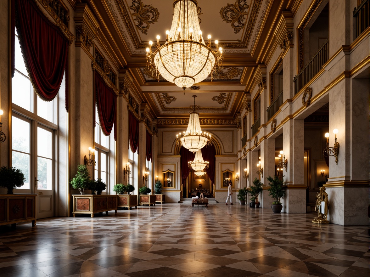 Prompt: Intricate ornamental details, lavish golden accents, luxurious marble textures, opulent crystal chandeliers, grandiose architectural columns, ornate metalwork, delicate filigree patterns, rich velvet fabrics, majestic crown molding, dramatic ceiling designs, warm ambient lighting, shallow depth of field, 1/2 composition, realistic reflections, high-contrast rendering.