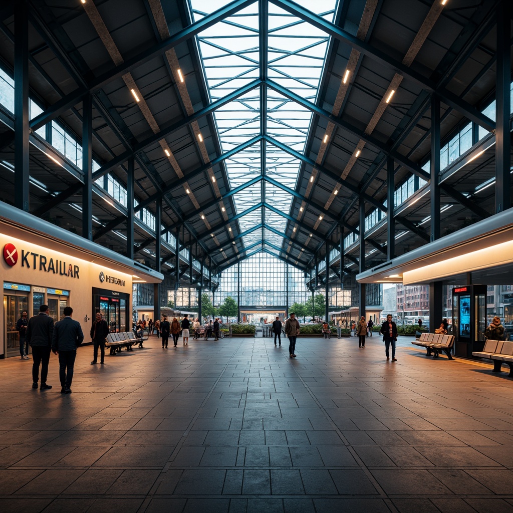 Prompt: Vibrant train station, modern architecture, sleek metal beams, industrial-style lighting, LED strips, overhead illumination, warm white tones, futuristic ambiance, bustling atmosphere, rush hour scenes, morning commute, urban landscape, cityscape views, natural stone flooring, stainless steel handrails, glass roofs, skylights, daylight pouring in, dramatic shadows, high-contrast lighting, moody atmosphere, dynamic spotlights, passenger waiting areas, platform signs, digital displays, sleek benches, minimalist design.