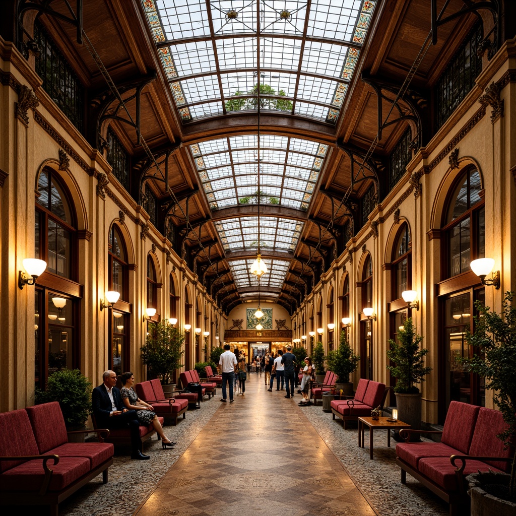 Prompt: Opulent train station, lavish ironwork, flowing organic lines, sinuous curves, ornate wooden panels, stained glass ceilings, mosaic floors, ceramic tiles, natural stone walls, grand archways, intricate carvings, bronze fixtures, luxurious velvet fabrics, warm golden lighting, 1/1 composition, shallow depth of field, realistic textures, ambient occlusion.