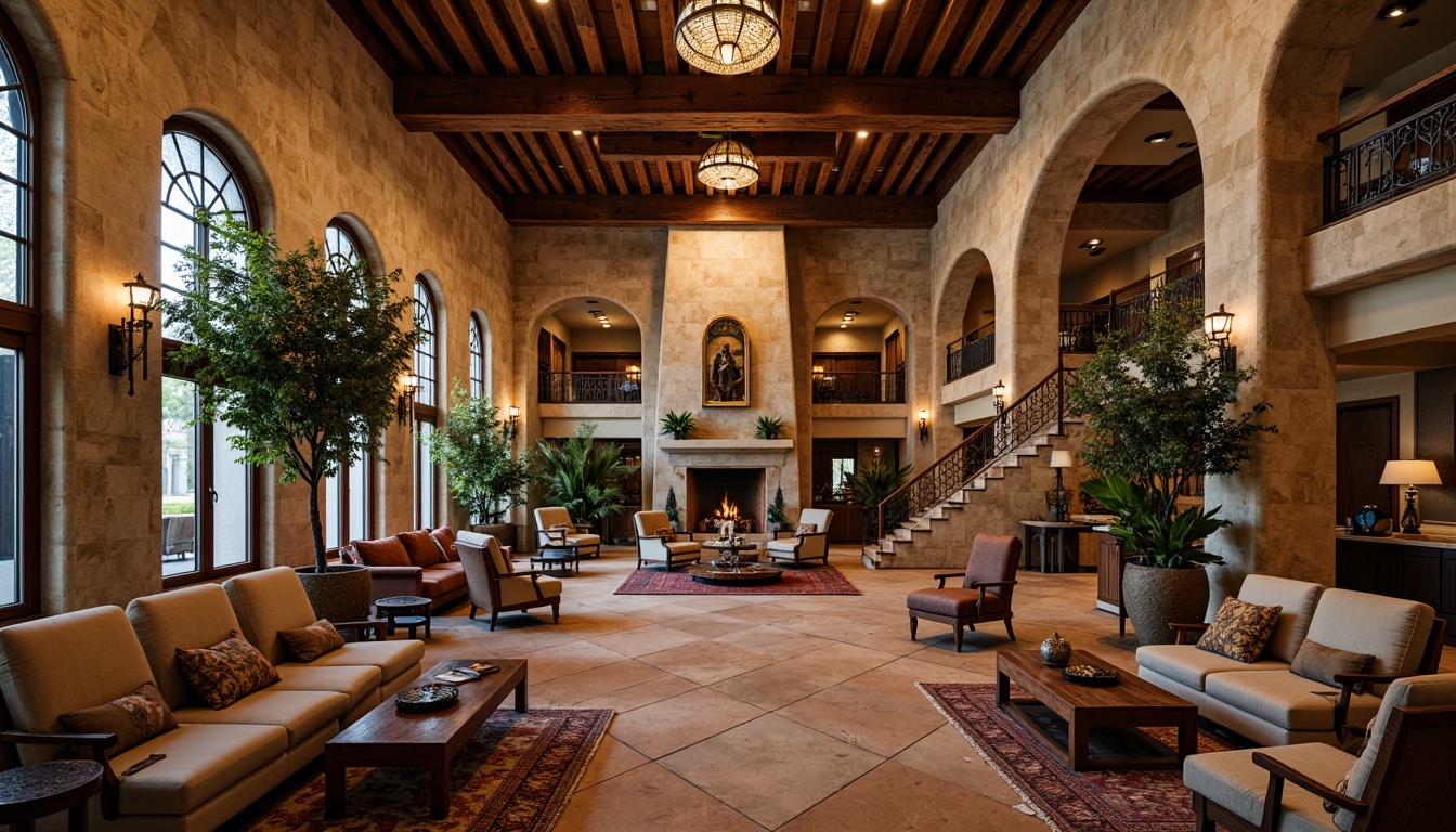 Prompt: Rustic hotel lobby, natural stone walls, wooden beam ceilings, earthy color palette, warm lighting, cozy fireplaces, plush furnishings, organic textures, botanical patterns, antique furniture, vintage decor, ornate metalwork, grand staircases, arched windows, stained glass details, earth-toned terracotta floors, reclaimed wood accents, soft warm ambiance, shallow depth of field, 1/1 composition, realistic renderings, ambient occlusion.