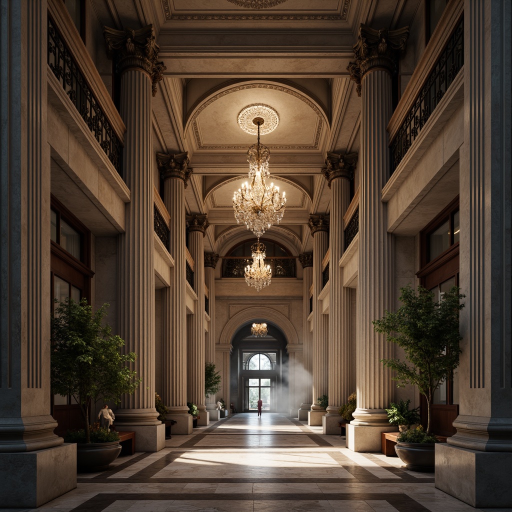 Prompt: Grandiose bank facade, Corinthian columns, ornate capitals, rusticated base, limestone exterior, imposing entrance, sweeping arches, vaulted ceiling, intricate moldings, polished marble floors, luxurious chandeliers, stately grandeur, neoclassical symmetry, dramatic lighting, low-angle shot, 1/2 composition, rich textures, atmospheric fog.