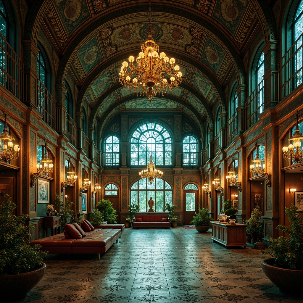 Prompt: \Intricate ironwork, ornate details, curved lines, flowing patterns, luxurious materials, rich jewel tones, emerald green, sapphire blue, amber gold, bronze metallic, velvet textures, stained glass windows, grand chandeliers, high ceilings, mosaic floors, ornate facades, whimsical sculptures, mystical ambiance, soft warm lighting, cinematic atmosphere, 3/4 composition, shallow depth of field, realistic reflections.\Let me know if you need any adjustments!