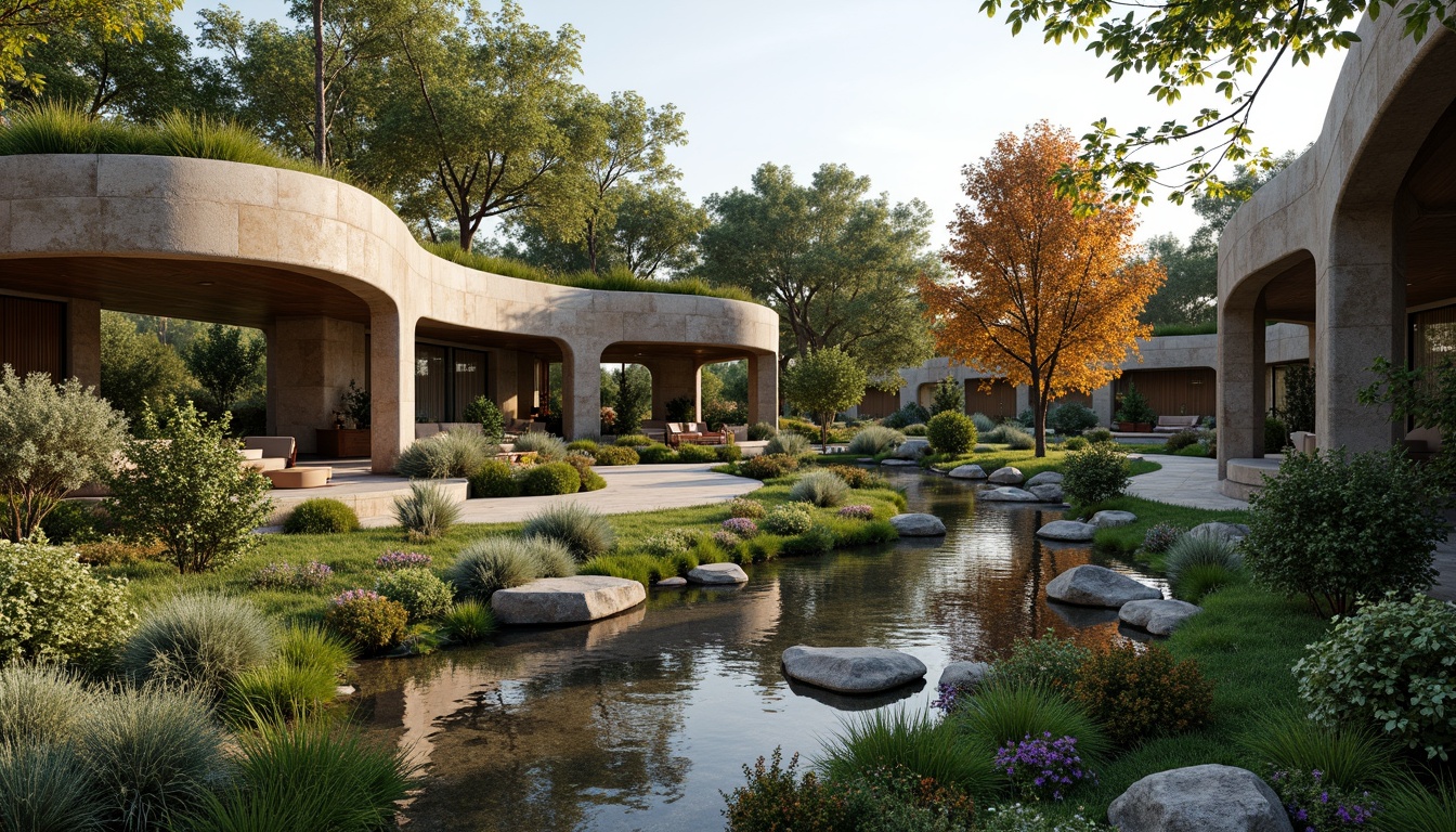 Prompt: Seamless landscape integration, organic architecture, curvaceous lines, natural stone walls, green roofs, lush vegetation, meandering pathways, serene water features, reflective pools, rippling streams, native plant species, weathered wood accents, earthy color palette, soft warm lighting, atmospheric perspective, 1/1 composition, symmetrical framing, ambient occlusion, realistic textures.