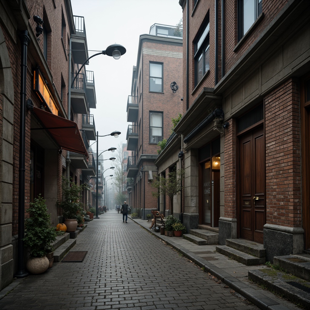 Prompt: Richly detailed urban scene, weathered brick buildings, rusty metal accents, worn stone pavements, ornate wooden doors, distressed concrete walls, vintage street lamps, foggy misty atmosphere, soft warm lighting, shallow depth of field, 1/2 composition, realistic textures, ambient occlusion.