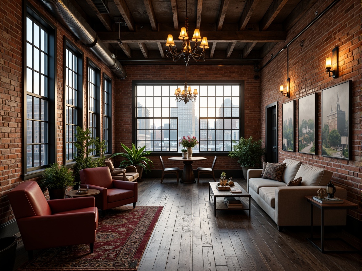 Prompt: Exposed brick walls, metal beams, industrial pipes, reclaimed wood floors, vintage factory windows, distressed textures, urban cityscape views, moody atmospheric lighting, soft warm glow, rich wood tones, ornate metal fixtures, elegant chandeliers, plush velvet fabrics, luxurious linen upholstery, eclectic art pieces, rustic decorative accents, worn leather armchairs, ornamental rugs, 1/1 composition, shallow depth of field, cinematic color grading.