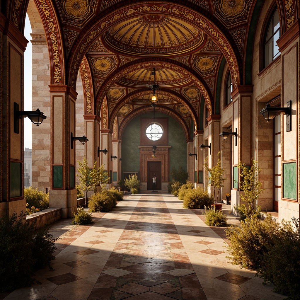 Prompt: Richly ornamented Byzantine architecture, intricately patterned mosaics, warm golden hues, luxurious jewel tones, crimson reds, emerald greens, sapphire blues, ornate gold accents, textured stone walls, intricate marble floors, majestic domes, grand archways, soft warm lighting, mystical ambiance, atmospheric perspective, 1/2 composition, detailed textures, realistic reflections.