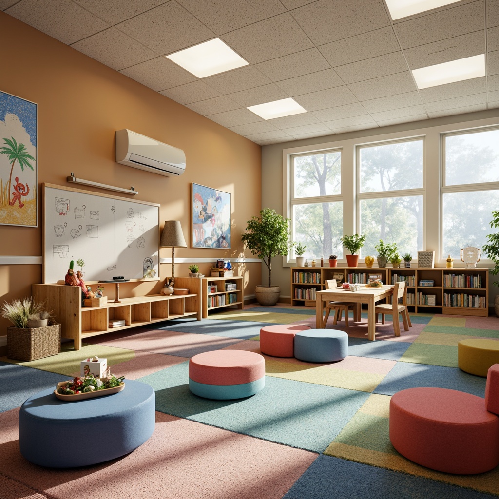 Prompt: Vibrant kindergarten classroom, playful color scheme, soft carpet flooring, comfortable seating areas, interactive whiteboards, educational toys, shelves with books and puzzles, natural light pouring in through large windows, cozy reading nooks, collaborative workstations, flexible modular furniture, acoustic panels, sound-absorbing materials, calming artwork, whimsical decorations, gentle overhead lighting, warm color tones, 1/2 composition, shallow depth of field, soft focus, realistic textures.