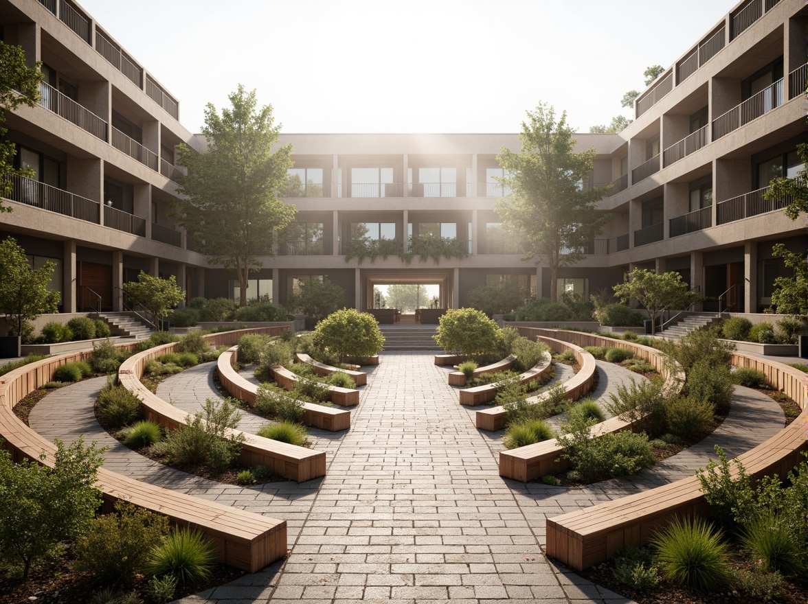 Prompt: Curved amphitheater seating, reclaimed wood benches, living green walls, natural stone flooring, recycled metal railings, energy-efficient lighting systems, solar-powered sound equipment, rainwater harvesting systems, low-maintenance landscaping, native plant species, organic food vendors, composting stations, educational signage, minimalist design aesthetic, warm earthy color palette, soft diffused lighting, 1/2 composition, atmospheric misting, realistic textures, ambient occlusion.