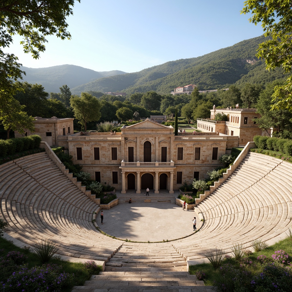 Prompt: Ancient Greek amphitheater, tiered seating, natural stone structures, curved architecture, open-air performance space, lush greenery, Mediterranean landscape, warm sunny day, soft breeze, gentle ventilation, large overhangs, shaded areas, rustic wooden benches, ornate marble columns, arches, domes, subtle lighting effects, ambient occlusion, realistic textures, 3/4 composition, panoramic view.