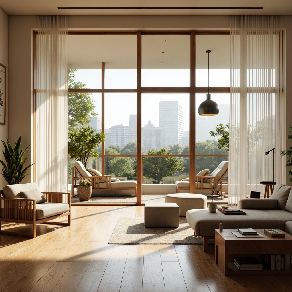 Prompt: Bright airy living room, floor-to-ceiling windows, sliding glass doors, minimalist interior design, polished wooden floors, reflective surfaces, sheer white curtains, ambient natural light, indirect sunlight, warm beige tones, cozy reading nooks, comfortable seating areas, lush greenery views, urban cityscape backdrop, modern architecture, open-plan layout, functional furniture, clever storage solutions, soft warm lighting, shallow depth of field, 1/1 composition, realistic textures, subtle color palette.