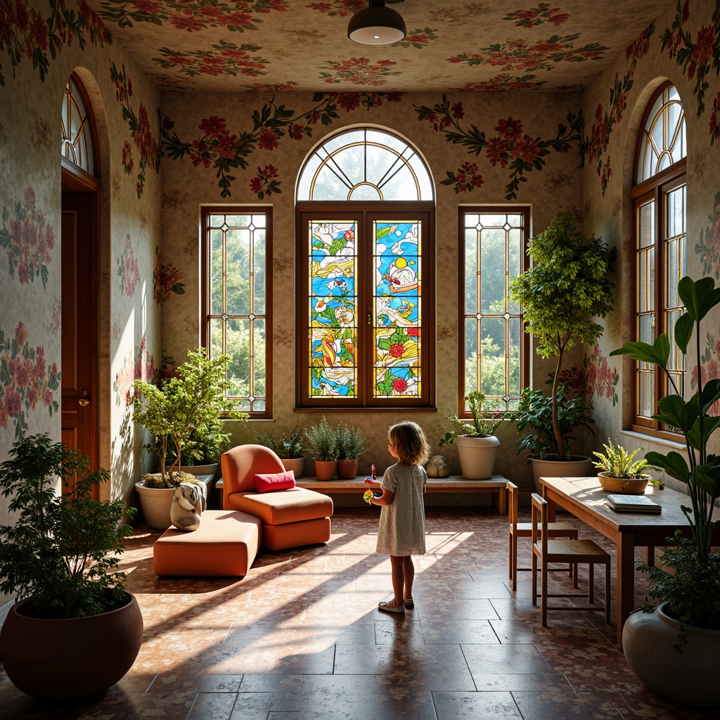 Prompt: Whimsical kindergarten, flowing curvilinear forms, ornate ironwork, sinuous lines, organic shapes, vibrant color palette, stained glass windows, intricate mosaics, Art Nouveau patterns, decorative florals, playful murals, textured stone walls, wooden accents, soft natural light, warm cozy atmosphere, shallow depth of field, 1/1 composition, intimate framing, dreamy ambiance.