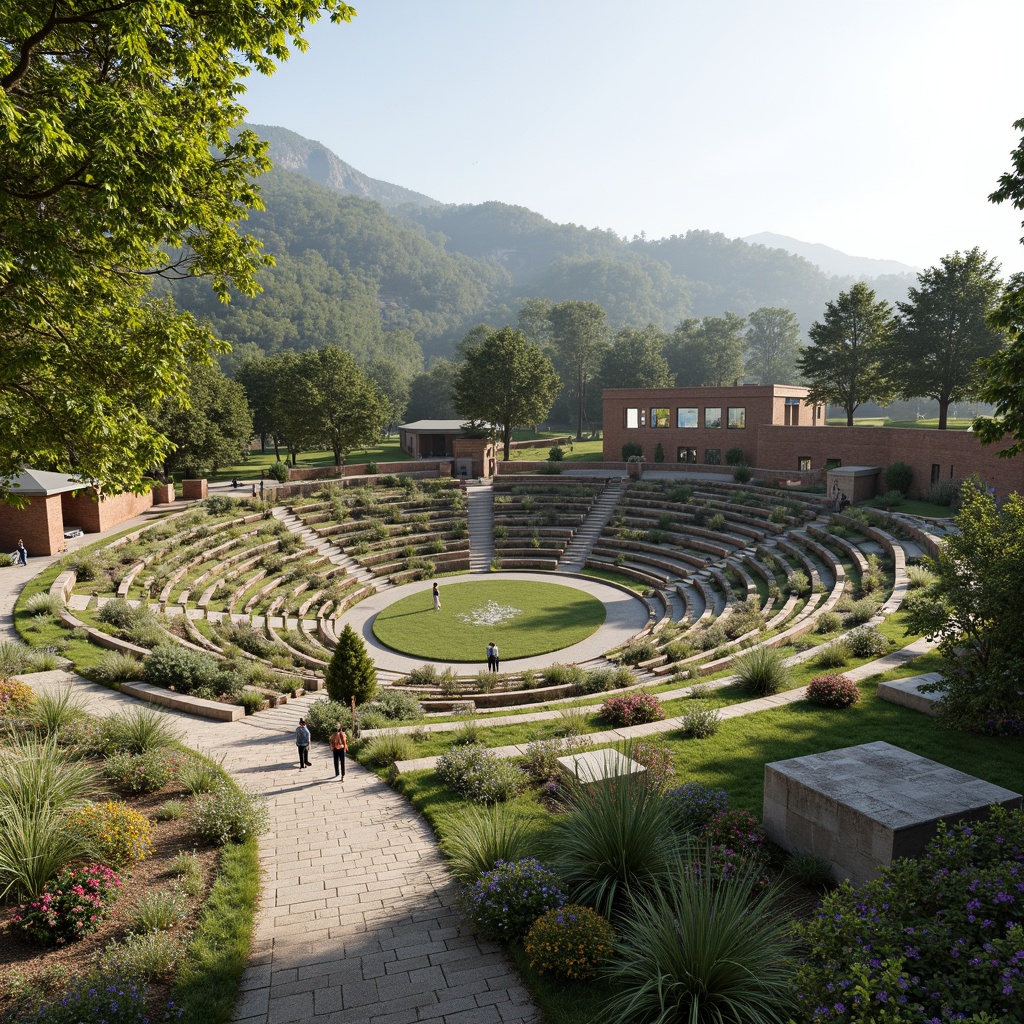 Prompt: Amphitheater-inspired site integration, lush green roofs, natural stone seating, curved lines, eco-friendly materials, sustainable architecture, open-air performance space, misting systems, shaded outdoor areas, native plant species, vibrant flower arrangements, educational signage, accessible walkways, panoramic views, warm sunny day, soft diffused lighting, 3/4 composition, realistic textures, ambient occlusion.