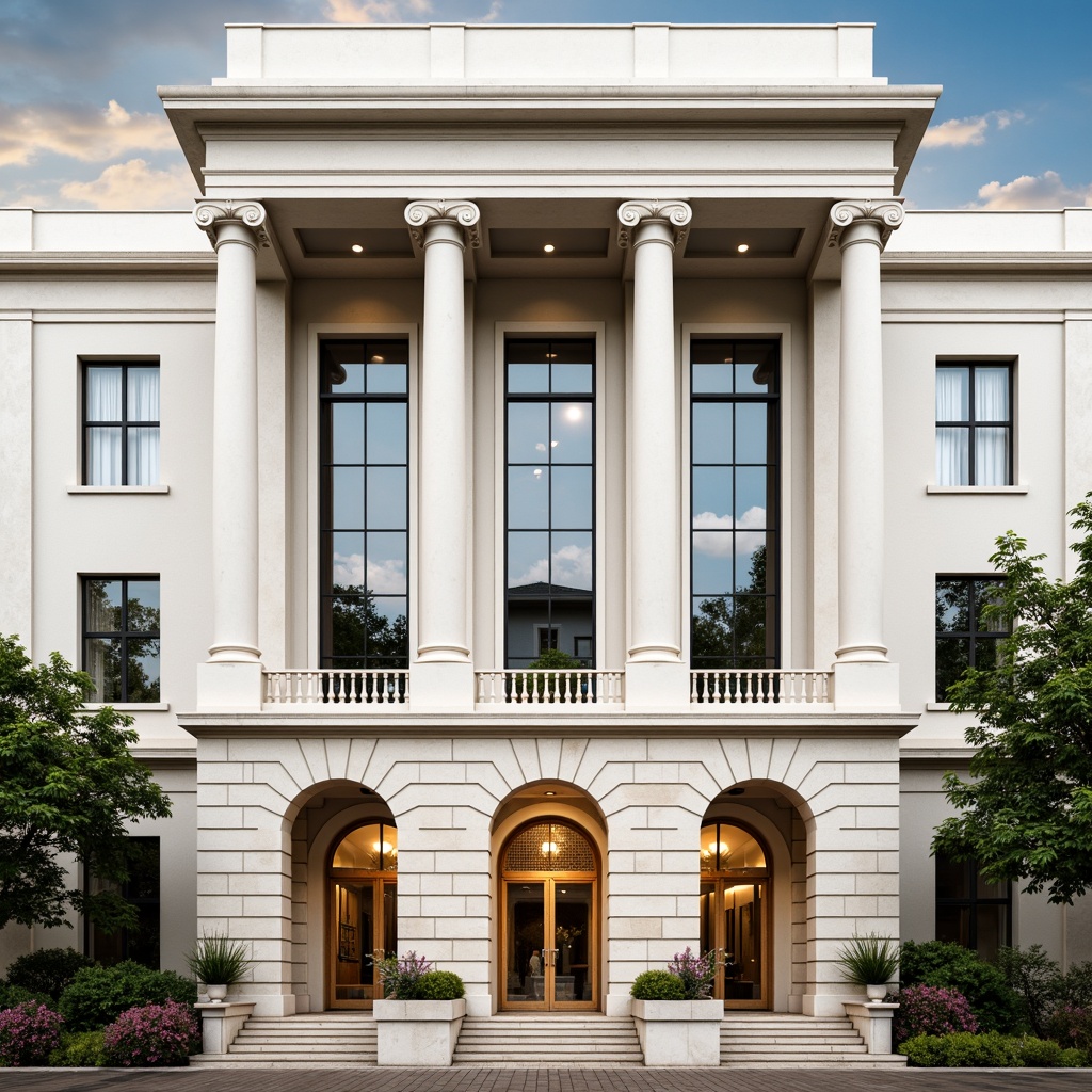 Prompt: Grandiose hospital facade, neoclassical columns, ornate details, symmetrical architecture, white marble exterior, large windows, rounded arches, subtle cornices, elegant entrance, spacious portico, natural stone flooring, majestic staircase, classical statues, lush greenery, blooming flowers, soft warm lighting, shallow depth of field, 3/4 composition, realistic textures, ambient occlusion.