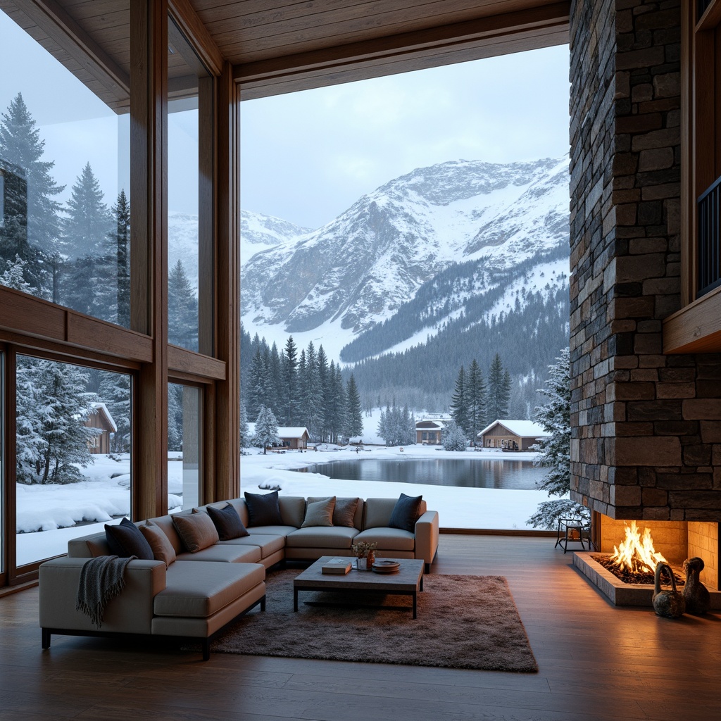 Prompt: Snow-capped mountains, frosty windows, wooden ski lodges, rustic stone fireplaces, warm ambient lighting, cozy interior spaces, modern minimalist design, sleek metal accents, reclaimed wood panels, natural stone walls, eco-friendly materials, energy-efficient systems, panoramic views, snow-covered rooftops, frozen lakes, winter landscapes, serene atmosphere, soft focus, shallow depth of field.