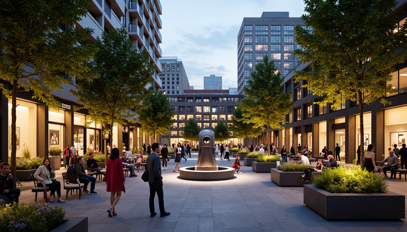 Prompt: Vibrant urban plaza, lively street performers, bustling pedestrian traffic, modern sculptures, greenery walls, shaded seating areas, eclectic street art, dynamic lighting systems, warm evening ambiance, shallow depth of field, 1/2 composition, realistic textures, ambient occlusion.