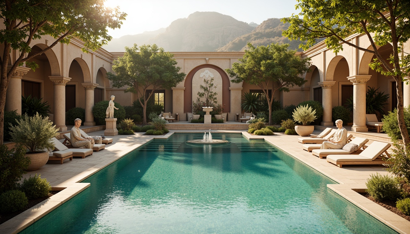 Prompt: Luxurious swimming pools, ornate stone carvings, gilded accents, turquoise waters, sun-kissed decks, warm beige stonework, lavish fountains, majestic statues, Italian Renaissance-inspired architecture, rich jewel tones, emerald greenery, golden lighting, soft misty atmosphere, dramatic shadows, 1/2 composition, symmetrical framing, warm natural textures, ambient occlusion.