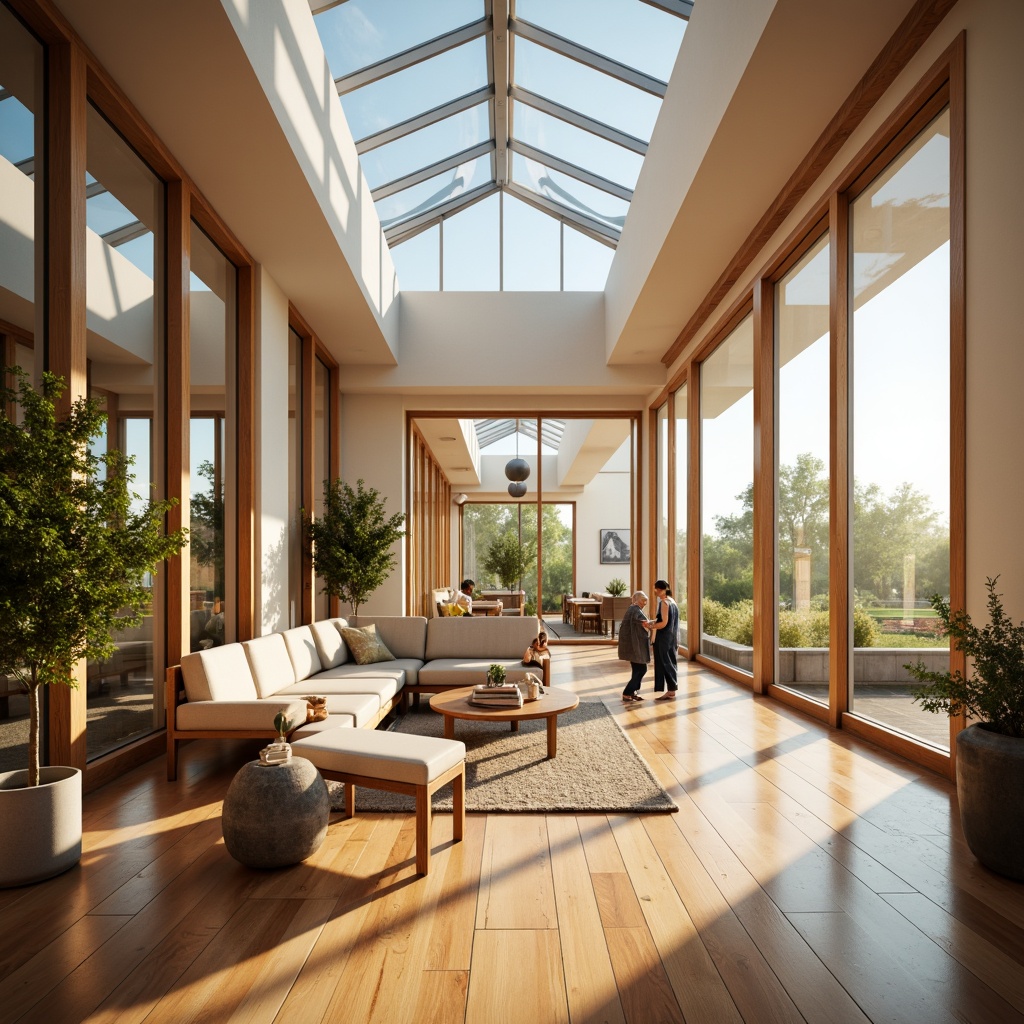 Prompt: Vibrant open-plan living space, floor-to-ceiling windows, sliding glass doors, mirrors reflecting sunlight, light-colored walls, polished wooden floors, minimal obstructions, airy atmosphere, clerestory windows, skylights, solar tubes, prismatic LED lighting, soft warm glow, ambient illumination, 1/1 composition, shallow depth of field, realistic textures, morning sunbeams, afternoon warmth, evening twilight, cozy reading nooks.