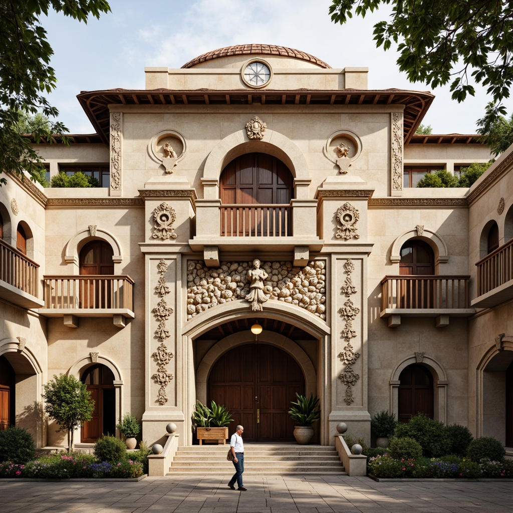 Prompt: Intricate stone carvings, ornate balconies, grand entrance archways, rusticated quoins, symmetrical fa\u00e7ade composition, classical columns, decorative cornices, ornamental window surrounds, weathered stone walls, warm beige color tone, soft afternoon sunlight, shallow depth of field, 1/2 composition, realistic textures, ambient occlusion, Renaissance-inspired architectural details, academic institution atmosphere.