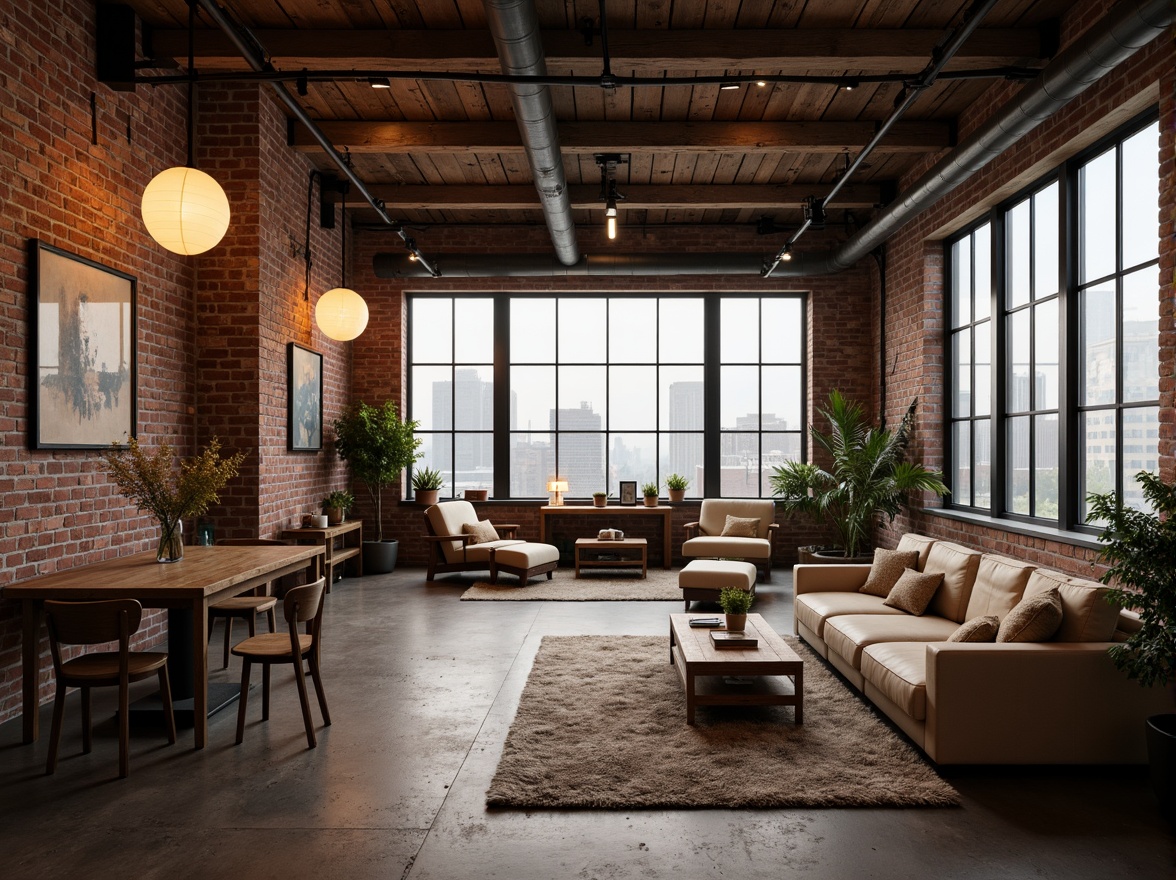 Prompt: Exposed brick walls, reclaimed wood beams, metal framework, industrial pipes, vintage machinery, distressed finishes, earthy color palette, soft warm lighting, cozy textiles, plush rugs, comfortable seating areas, modern minimalist decor, functional decorative elements, urban cityscape views, atmospheric fog, cinematic mist, 1/2 composition, shallow depth of field, realistic textures, ambient occlusion.