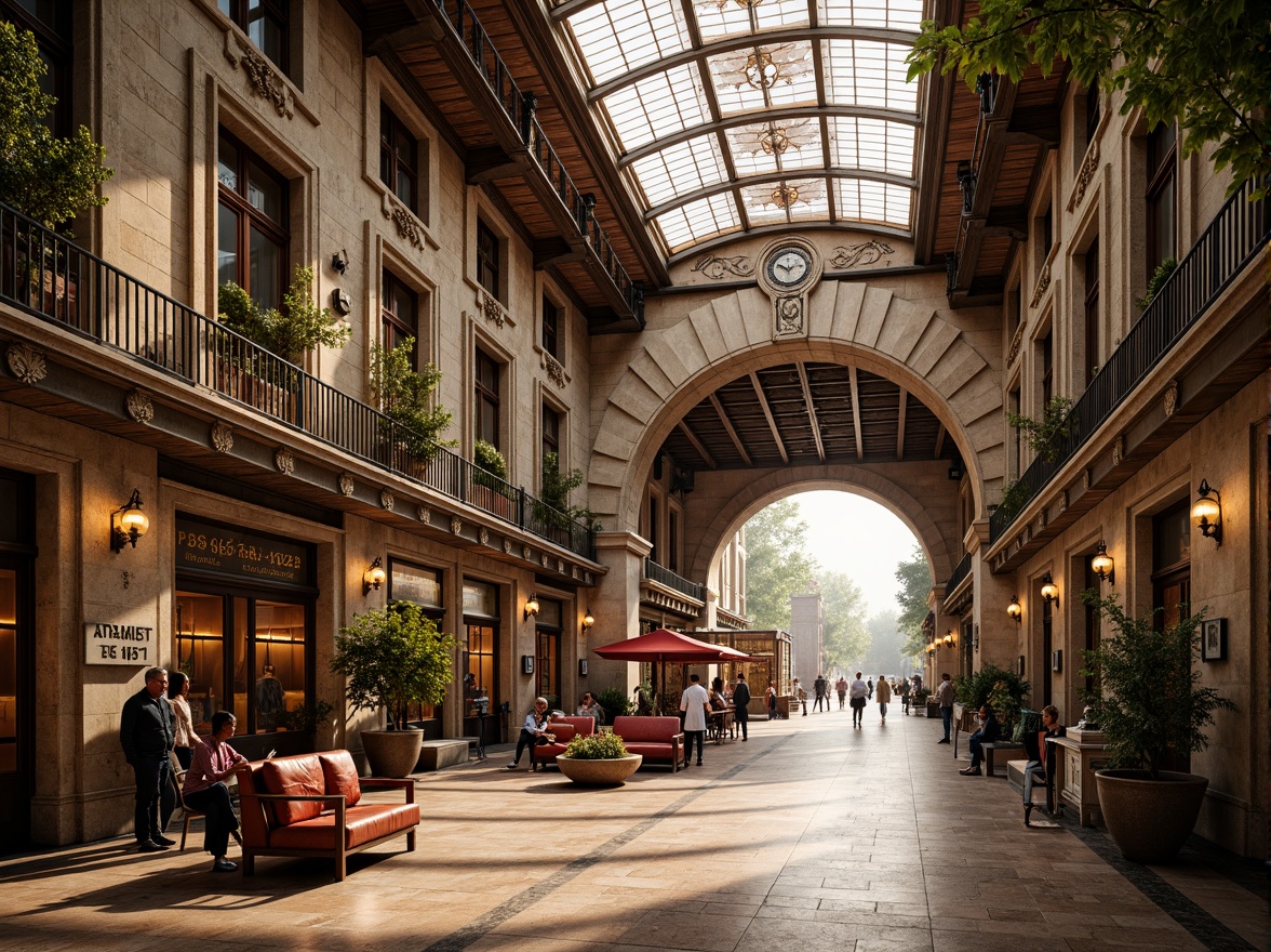 Prompt: Grand Renaissance-style train station, ornate stone fa\u00e7ade, intricately carved wooden accents, stained glass ceilings, ironwork balconies, majestic archways, marble floors, bronze sculptures, vintage luggage carts, distressed leather benches, warm golden lighting, shallow depth of field, 1/1 composition, symmetrical architecture, classic European-inspired design, rustic brick walls, antique clocks, ornamental foliage, soft natural textures.