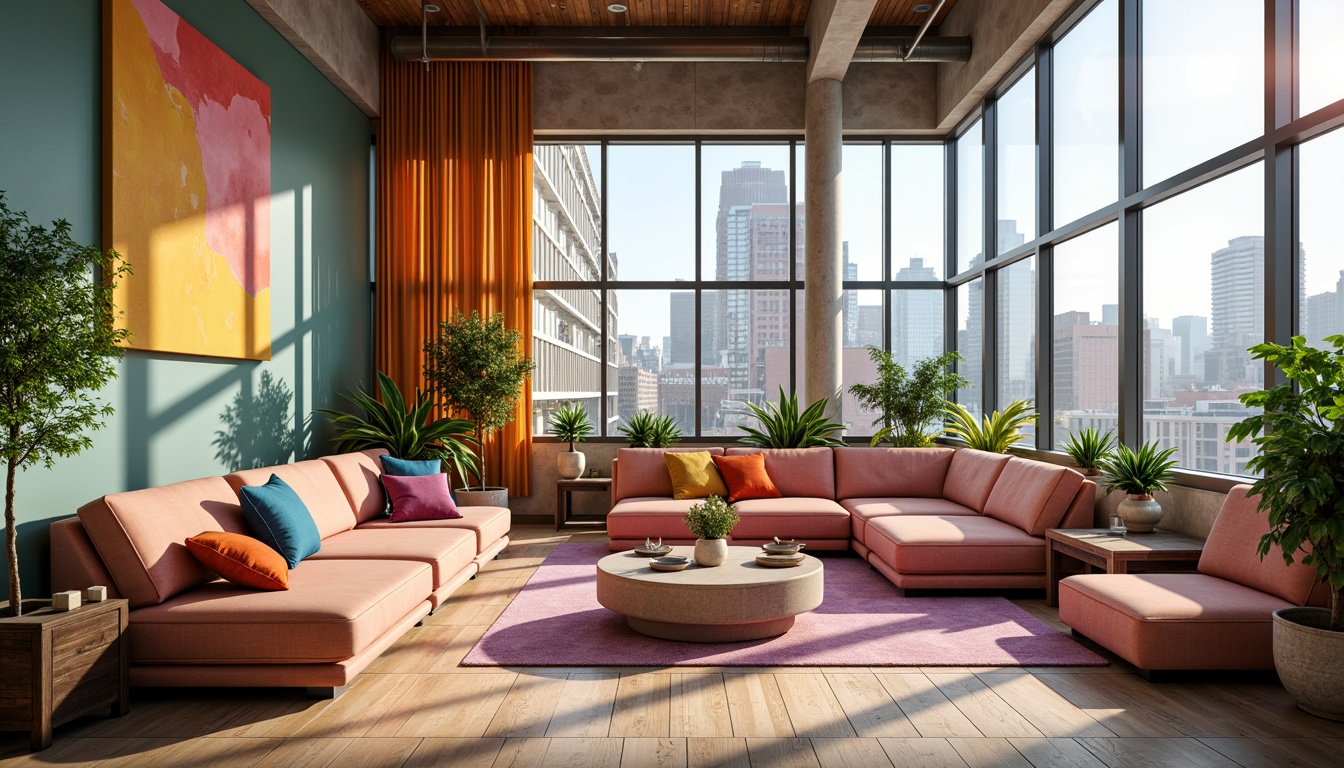 Prompt: Vibrant modern interior, eclectic furniture arrangement, bold color accents, pastel hues, soft gradient backgrounds, metallic finishes, sleek minimalist decor, natural wood tones, abundant greenery, floor-to-ceiling windows, urban cityscape views, warm cozy lighting, shallow depth of field, 3/4 composition, realistic textures, ambient occlusion.