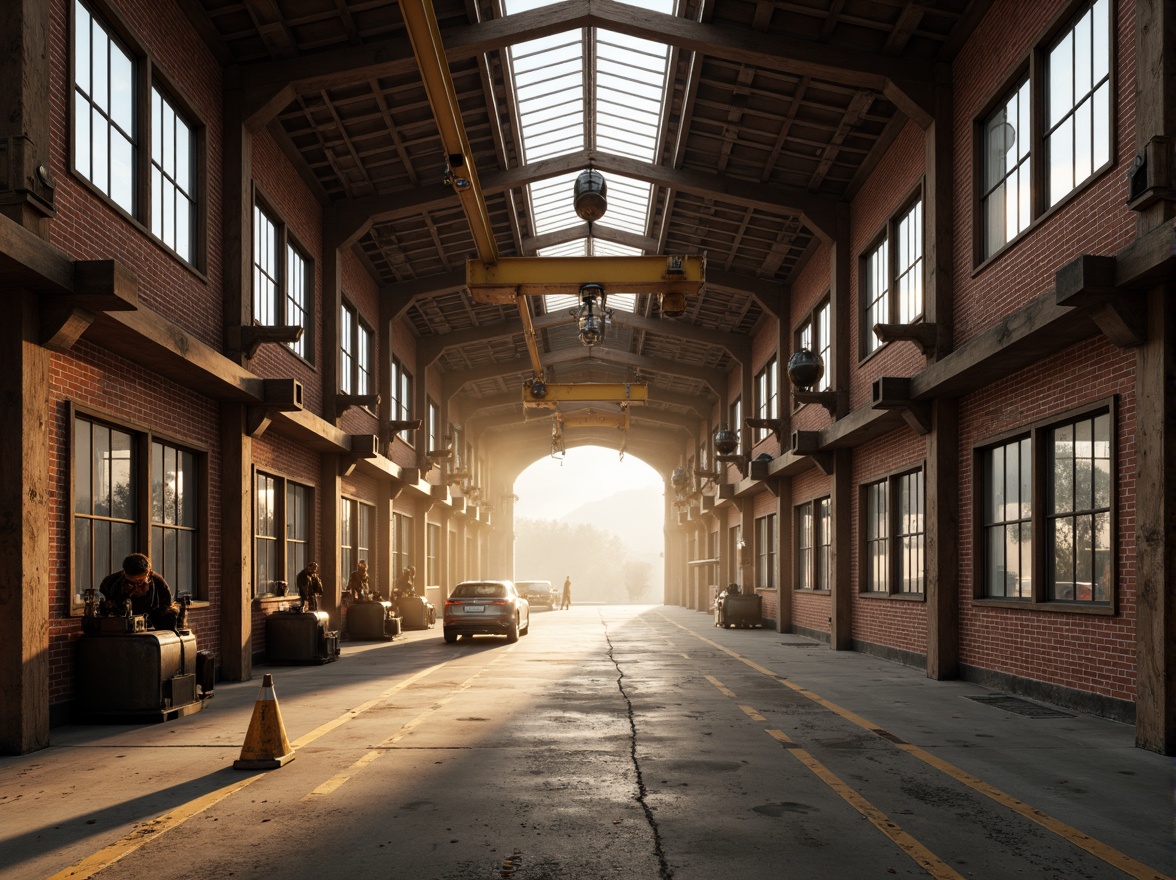 Prompt: Industrial warehouse interior, exposed brick walls, metallic beams, reclaimed wood accents, distressed concrete floors, vintage factory windows, overhead crane systems, functional pulley mechanisms, atmospheric misting, warm golden lighting, shallow depth of field, 2/3 composition, symmetrical framing, gritty textures, ambient occlusion.