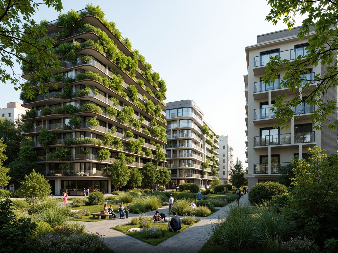 Prompt: Sustainable green buildings, living walls, vertical gardens, natural ventilation, solar panels, wind turbines, rainwater harvesting systems, grey water reuse, eco-friendly materials, recycled wood accents, low-carbon footprint, energy-efficient systems, thermal massing, passive design strategies, biophilic architecture, organic forms, lush vegetation, serene atmosphere, soft natural lighting, 3/4 composition, shallow depth of field, realistic textures, ambient occlusion.