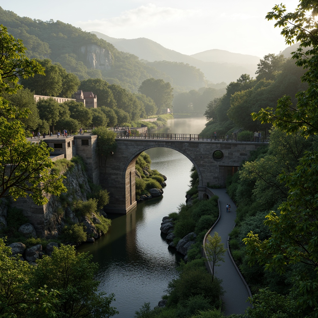 Prompt: Curved bridge structure, lush greenery integration, natural stone walls, wooden railings, pedestrian walkways, cycling paths, scenic overlooks, misty morning atmosphere, soft warm lighting, shallow depth of field, 1/1 composition, panoramic view, realistic water textures, ambient occlusion, surrounding hillside, dense forestation, native plant species, meandering river, serene water reflections, tranquil ambiance.