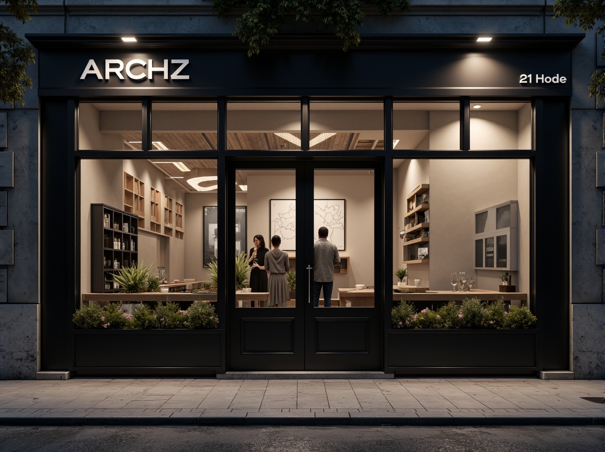 Prompt: Minimalist bar facade, clean lines, monochromatic color scheme, industrial metal frames, frosted glass windows, subtle LED lighting, urban cityscape, night scene, shallow depth of field, 1/1 composition, realistic textures, ambient occlusion, concrete walls, steel beams, reclaimed wood accents, geometric patterns, simple typography, modern signage, subtle branding elements.