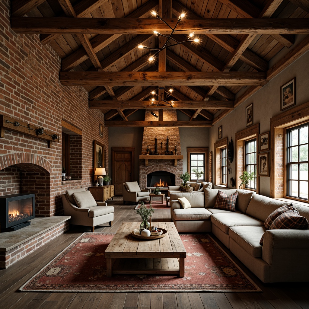 Prompt: Rustic barn interior, wooden beams, exposed brick walls, vintage farm tools, distressed wood flooring, cozy reading nooks, plush sectional sofas, industrial metal lighting, reclaimed wood coffee tables, natural stone fireplaces, earthy color palette, warm ambient lighting, shallow depth of field, 1/1 composition, realistic textures, soft focus effect.