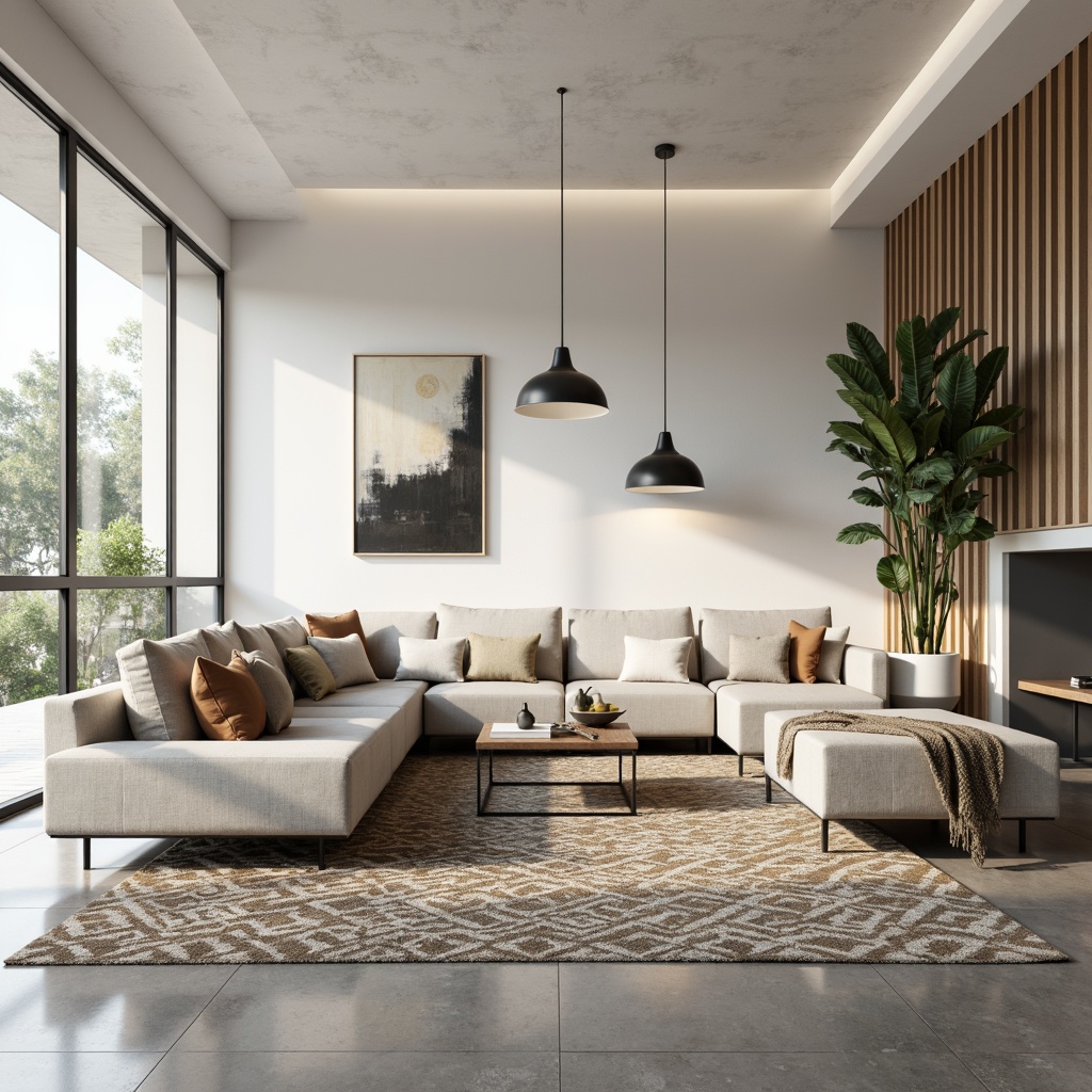 Prompt: Minimalist living room, sleek low-profile furniture, monochromatic color scheme, polished concrete floors, geometric patterned rug, floor-to-ceiling windows, abundant natural light, airy atmosphere, pendant lamps, abstract artwork, greenery accents, industrial-chic decor, cozy reading nook, plush throw blankets, warm beige tones, subtle texture contrasts, shallow depth of field, 1/1 composition, softbox lighting, realistic reflections.