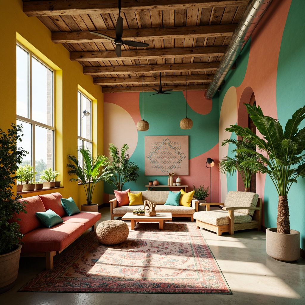 Prompt: Vibrant lime green accents, pastel yellow hues, soft peach tones, rich turquoise blues, bold coral pinks, eclectic bohemian patterns, abstract geometric shapes, natural woven textiles, distressed wood furniture, industrial metal fixtures, lush tropical plants, sunny afternoon light, shallow depth of field, 1/2 composition, warm atmospheric perspective.