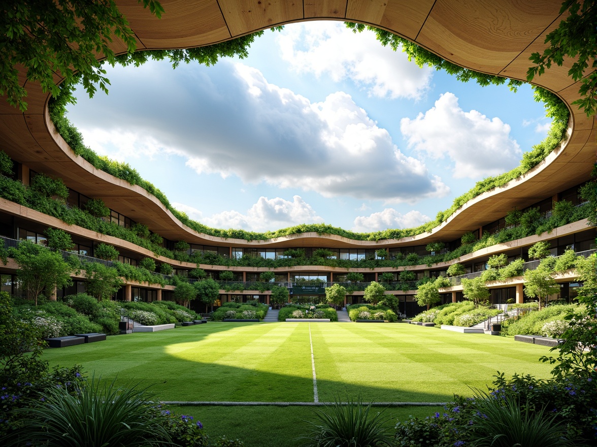 Prompt: Vibrant green stadium, lush vegetation, natural materials, wooden accents, living walls, organic shapes, flowing curves, abundance of daylight, clerestory windows, solar panels, rainwater harvesting systems, eco-friendly infrastructure, recycled rubber tracks, sustainable building practices, minimalist design, functional spaces, athletic equipment, dynamic lighting, shallow depth of field, 1/1 composition, realistic textures, ambient occlusion.