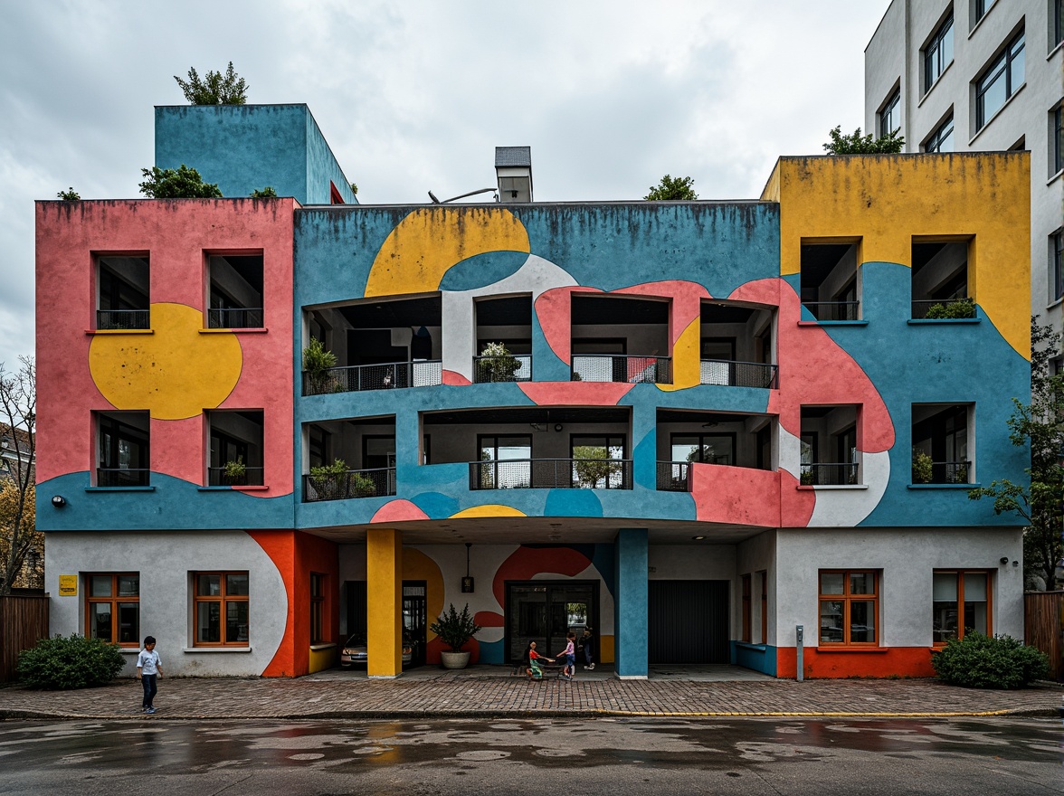 Prompt: Deconstructed high school building, fragmented geometric shapes, broken lines, abstract forms, vibrant bold colors, clashing textures, distressed surfaces, industrial materials, exposed ductwork, brutalist architecture, urban cityscape, overcast sky, dramatic shadows, harsh lighting, 3/4 composition, low angle shot, realistic reflections, ambient occlusion.