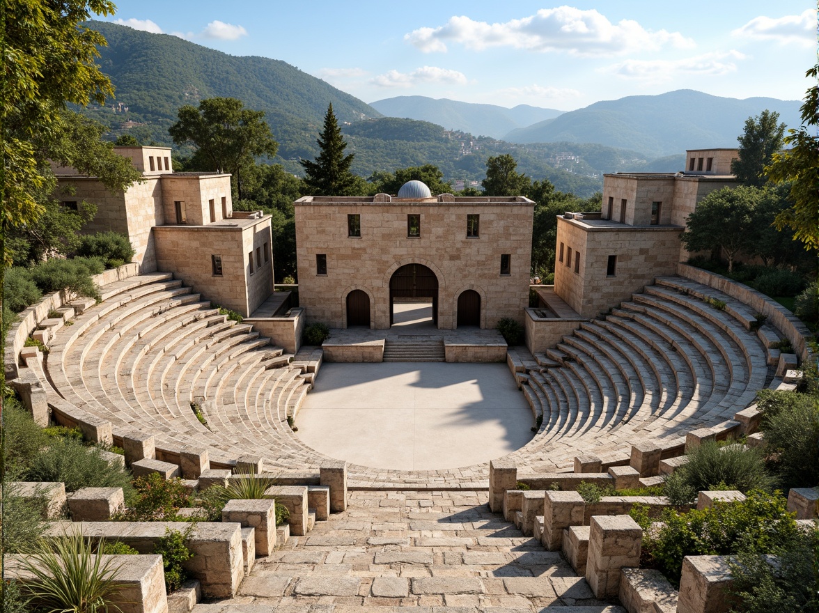 Prompt: Ancient Greek amphitheater, tiered seating, natural stone structures, open-air performance space, lush greenery, surrounding hills, warm sunny day, soft gentle breeze, natural ventilation systems, breathable materials, earthy colors, rustic textures, arches and columns, grand entrance, staircases, panoramic views, shallow depth of field, 1/2 composition, realistic lighting, ambient occlusion.