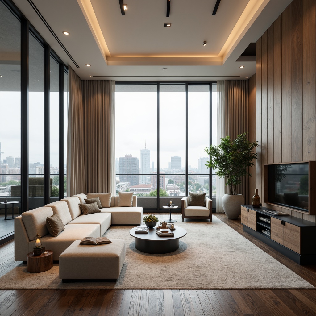 Prompt: Luxurious penthouse, modern interior design, sleek lines, neutral tones, calming atmosphere, soft warm lighting, creamy whites, rich woods, dark blues, velvety textures, metallic accents, floor-to-ceiling windows, stunning city views, minimalist decor, monochromatic scheme, subtle contrast, 1/1 composition, shallow depth of field.