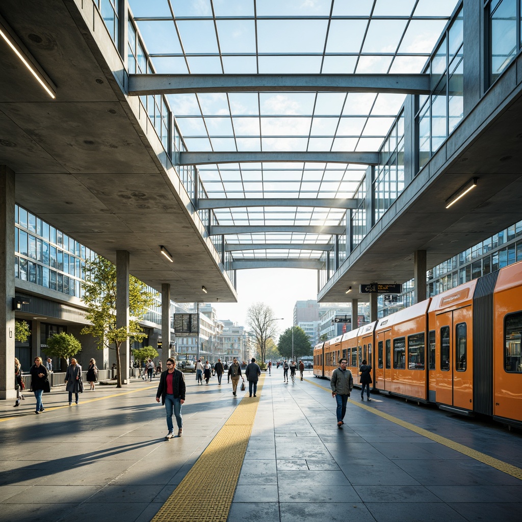 Prompt: Vibrant tram station, large glass roofs, natural light pouring in, urban cityscape, modern architecture, sleek metal beams, polished concrete floors, bright white walls, minimalist design, open spaces, airy atmosphere, gentle warm lighting, shallow depth of field, 1/1 composition, realistic textures, ambient occlusion.