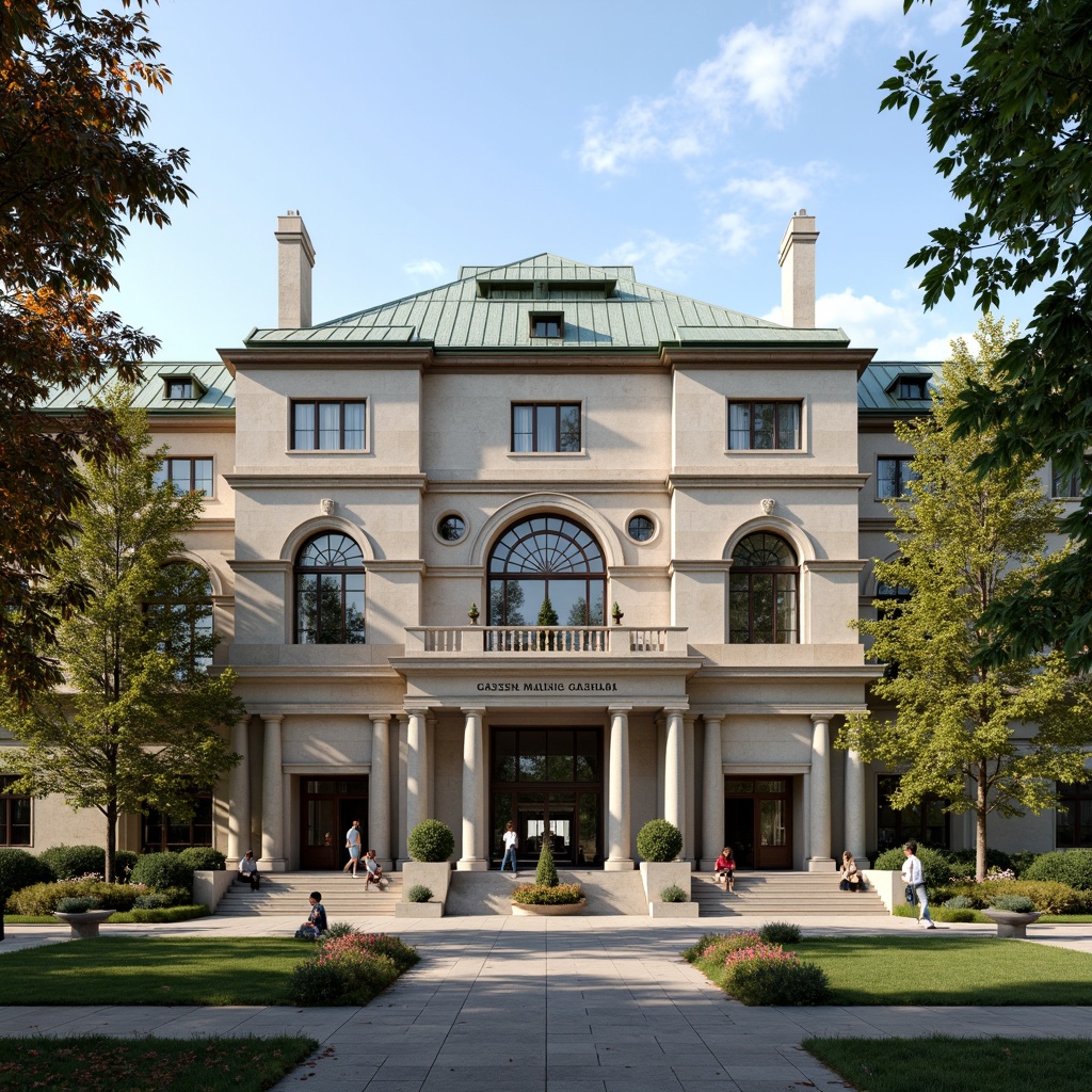 Prompt: Institutional building facade, neoclassical architecture, symmetrical composition, ornate details, stone cladding, arched windows, copper roofing, grand entrance, stately columns, educational signage, lush greenery, manicured lawns, walkways with benches, vibrant flower arrangements, warm afternoon lighting, soft shadows, 1/2 composition, realistic textures, ambient occlusion.