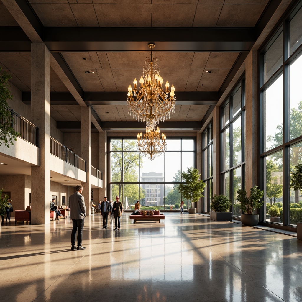 Prompt: Elegant exhibition hall, high ceilings, grand chandeliers, polished marble floors, sleek metal beams, natural stone walls, large windows, floor-to-ceiling glass panels, soft diffused lighting, warm afternoon sunbeams, subtle shadows, 1/2 composition, realistic textures, ambient occlusion.