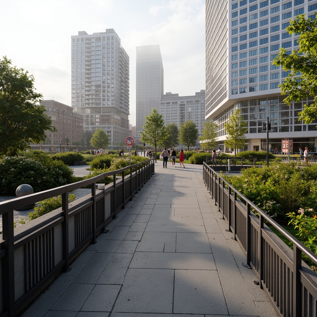 Prompt: Curved pedestrian bridges, modern urban design, sleek metal railings, LED lighting systems, vibrant green roofs, lush vegetation integration, natural stone paving, scenic city views, bustling street life, morning fog atmosphere, soft warm lighting, shallow depth of field, 3/4 composition, panoramic view, realistic textures, ambient occlusion.