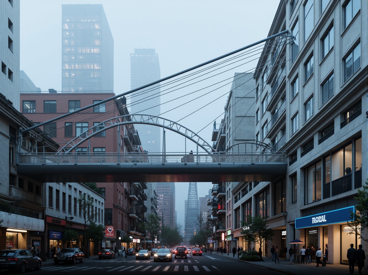 Prompt: Futuristic vehicular bridge, sleek metallic curves, aerodynamic lines, glossy reflective surfaces, LED lighting strips, urban cityscape, busy highway traffic, misty morning atmosphere, shallow depth of field, 1/2 composition, low-angle shot, dramatic backlighting, detailed textures, ambient occlusion, modern suspension system, cable-stayed architecture, silver-gray paint finish, neon-lit pedestrian walkways, bustling metropolitan area.