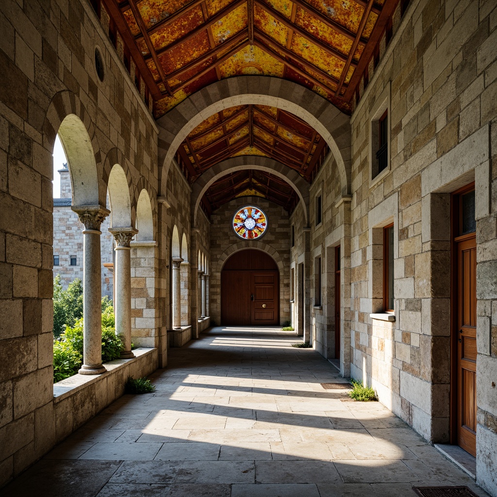 Prompt: Weathered stone fa\u00e7ades, earthy tones, moss-covered walls, rusty red rooftops, golden Byzantine mosaics, warm beige archways, cool grey vaulted ceilings, rich brown wooden doors, ornate metalwork details, vibrant stained glass windows, soft natural light, dramatic shadows, 3/4 composition, symmetrical framing, ornate textures, subtle color gradations.