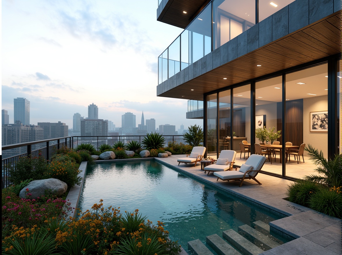 Prompt: Luxurious penthouse, sleek modern design, rooftop garden, lush greenery, vibrant flowers, tranquil water features, infinity pool, panoramic city views, floor-to-ceiling windows, sliding glass doors, natural stone flooring, wooden accents, minimalist decor, ambient lighting, shallow depth of field, 3/4 composition, realistic textures, soft warm illumination, misty morning atmosphere.